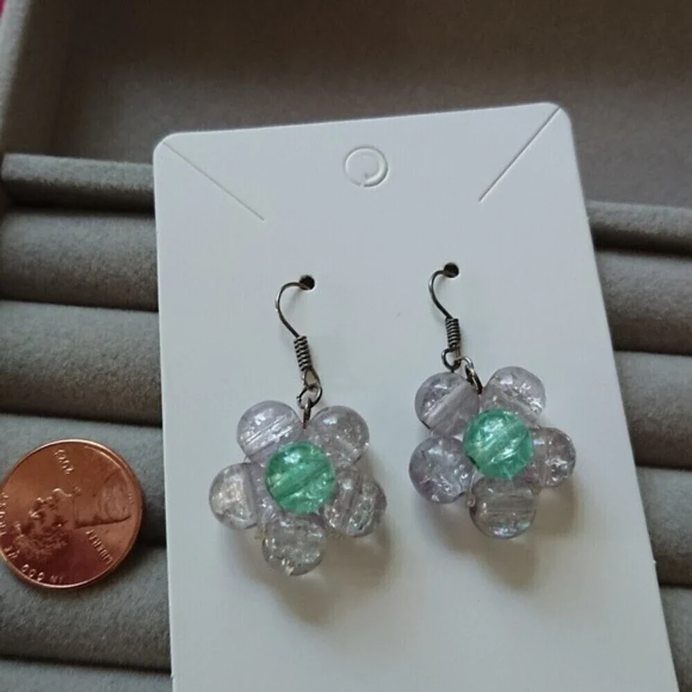 Purple & green flower glass stones earrings